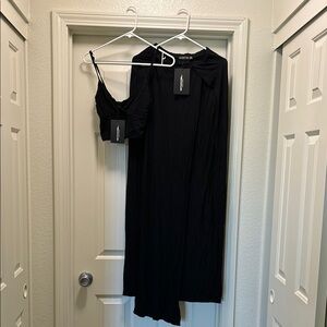 PrettyLittleThing top and high slit maxi skirt